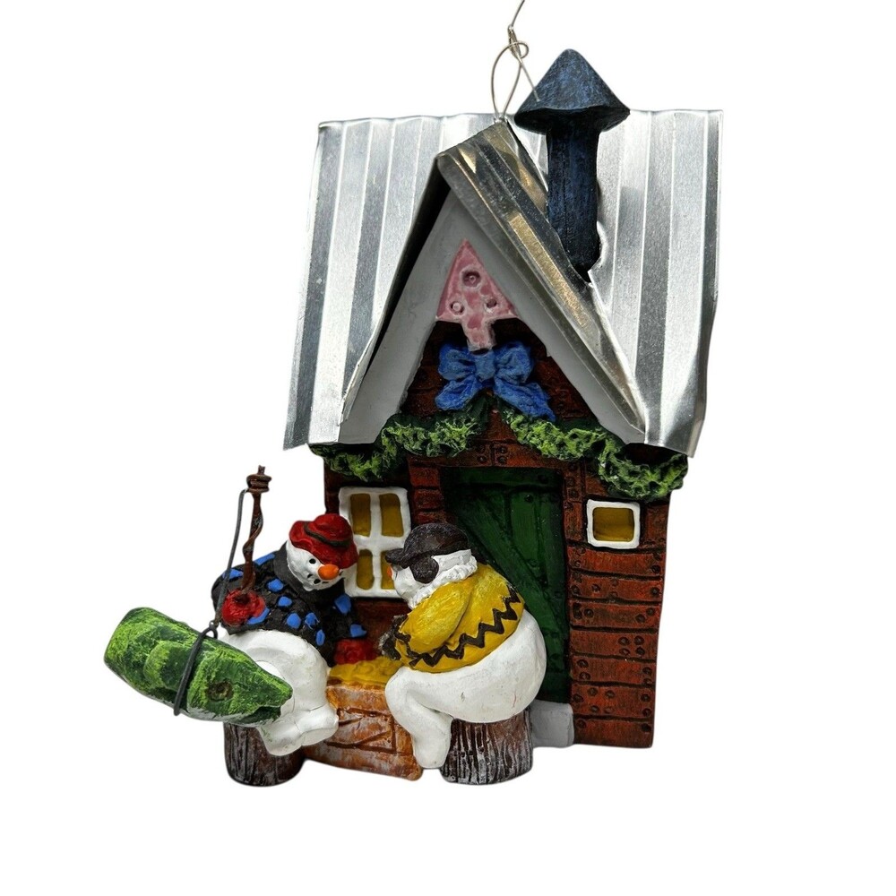 Ornament Ice Fishing Snowmen and Shack Vintage Christmas Holiday Ornament